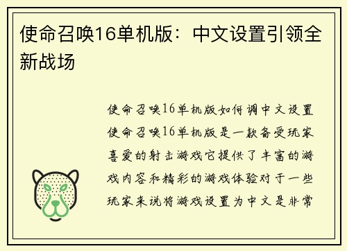 使命召唤16单机版：中文设置引领全新战场