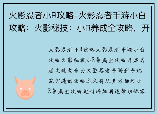 火影忍者小R攻略-火影忍者手游小白攻略：火影秘技：小R养成全攻略，开启忍者之路